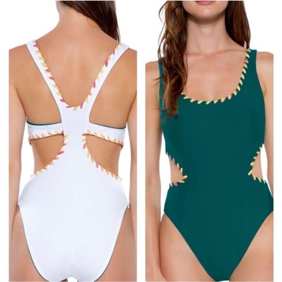 EUC BECCA Camille Reversible Cut-Out One-Piece Swimsuit Green/White Size Small - Picture 8 of 12